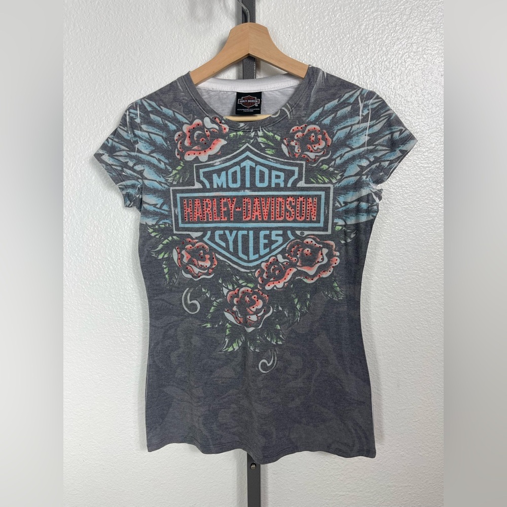 Harley-Davidson Gray Tee with Pink Floral and Blue Logo Womens Medium